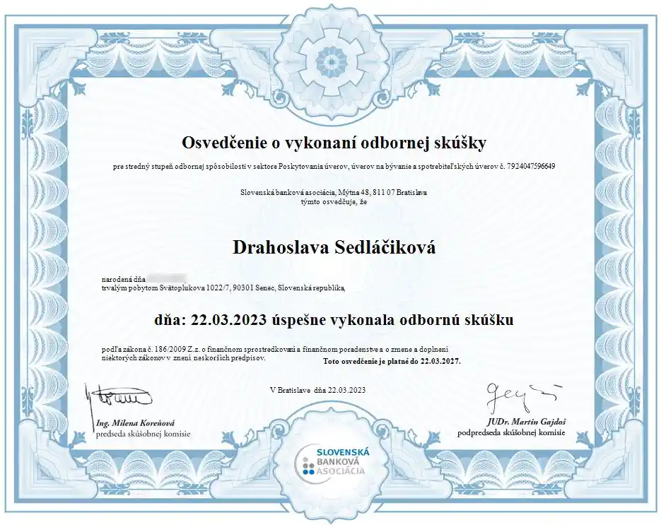 osvedcenie-Uvery Poskytovanie úverov